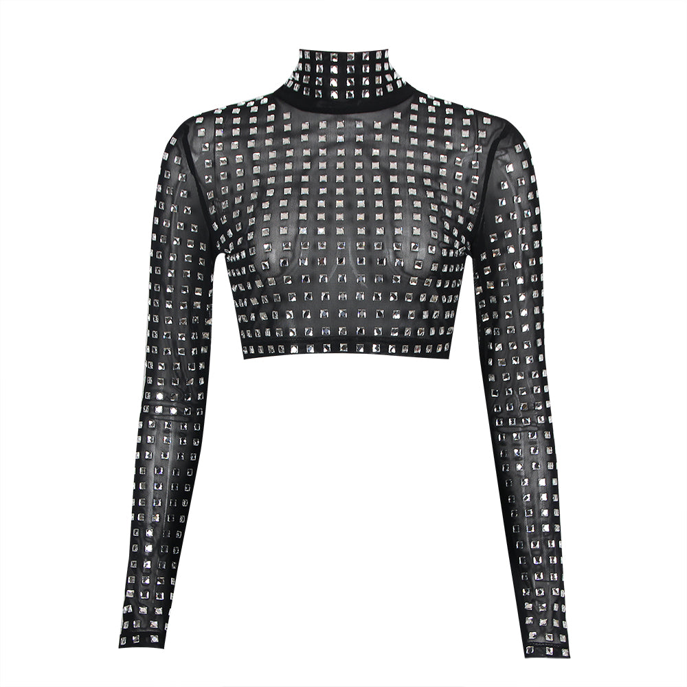 Mesh Mock Neck Rhinestone Bandage Top